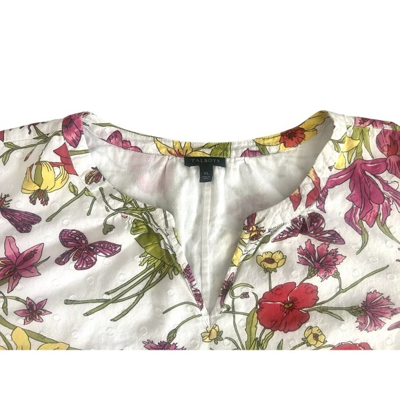 Talbots Blouse White Muticolored Flowers Dragonflies 100% Cotton Lined XL Spring - Picture 7 of 11